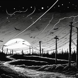 A monochrome drawn landscape looking at a sunset, crows, telephone wires