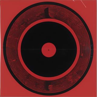 An abstract disc like a vinyl record on a red background